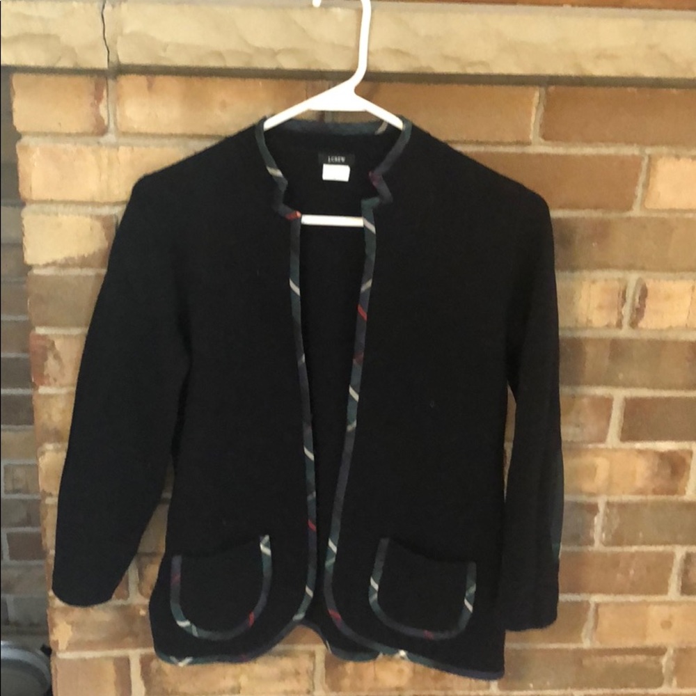 J Crew Holiday cardigan sweater with plain trim.